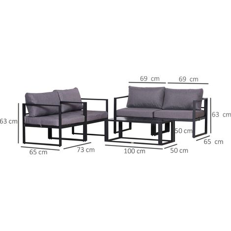 Outsunny Ensemble de jardin 4 pièces combinable : haute résistance, coussins, table avec rangement, polyester, 138 x 69 x 63 cm, gris