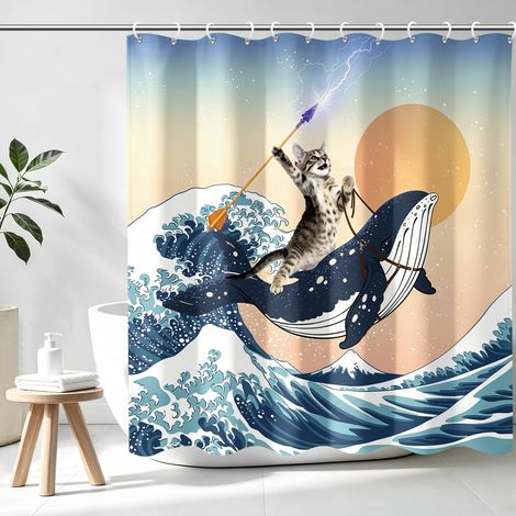 Rideau de Douche avec Crochets pour décoration de Salle de Bain, Motif Chat Tenant Un Trident chevauchant Un Requin dans l'océan, 182,9 x 182,9 cm (1/5)