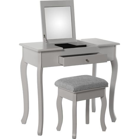 Table de Coiffeuse avec tiroir en Bois avec Miroir Blanc avec Banc tapissé en Tissu Gris 80 x 40 x 74 cm, Banc 36,5 x 29 x 46 cm (1/4)