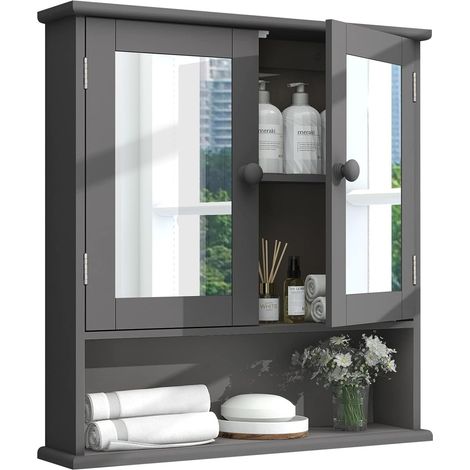 Armoire de Salle de Bain avec Miroir, Armoire Suspendue avec 2 Portes Miroir et Compartiment Ouvert, en Bois, 13 x 56 x 58 cm, Blanc (Gris) (1/5)