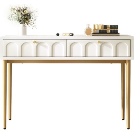 Coiffeuse avec 2 tiroirs, plateau compact 100 cm, style classique crème blanche, meuble de chambre gain de place avec espace sous le plateau, bois et métal - CHICFURN (1/5)