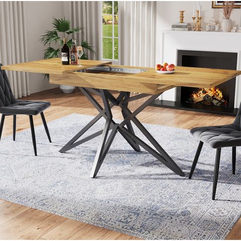 Ausziehbarer Esstisch 120 (160) x 80 cm, ausziehbarer Küchentisch, Frühstückstisch, sternförmige Tischbeine, schwarze Eisenbeine, Tischplatte aus Walnussholz/Marmorimitat (1/5)