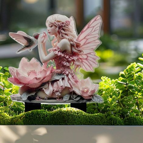 Statue De Fée De Jardin - Statue Solaire Avec Motif Fleur Et Colibri - Décoration Extérieure Pour Pelouse Cour Patio Jardin - 1 Pièce (1/5)