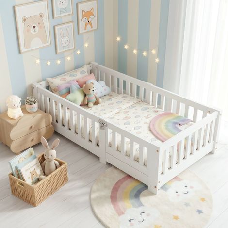 Einzelbett 120x200 cm, Kinderbett 120x200, mit Rausfallschutz, Lattenrost, massives Kiefernholz, Montessori-Bodenbett, 1-Personen-Bett - Weiß