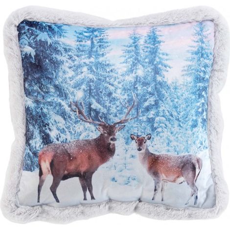 Coussin avec imprimé rennes en velours et imitation fourrure - Bleu- 40 x 40 cm - Livraison gratuite (1/3)