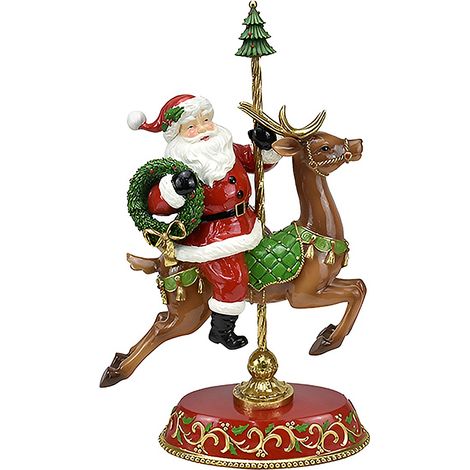 Statua Babbo Natale su Renna Scultura Natalizia Grande H 45 cm con Ghirlanda Augurale Decorazione