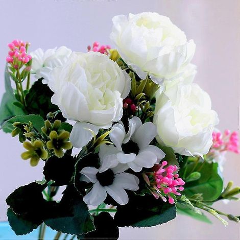 Bouquet de mariée en soie avec pivoines artificielles de 30 cm et gypsophile, fleurs de marguerite, décoration pour mariage et maisonblanc (1/5)