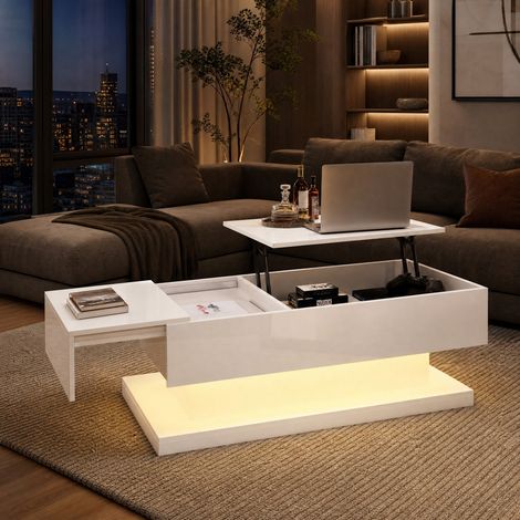 Tavolino da salotto alzabile 100 x 50 x 45 cm con LED, piano scorrevole e vano bianco (1/5)