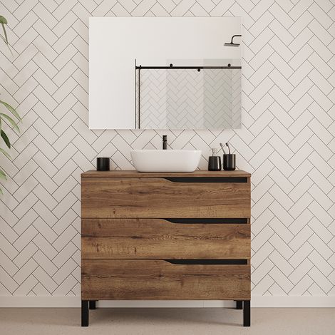 Meuble de salle de bain 90cm avec plateau et vasque à poser zeus - 3 tiroirs - tabaco (chêne foncé) - MATA (1/5)