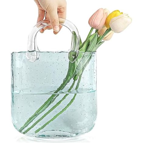 Vase en verre à bulles, vase en forme de sac à main pour fleurs, vase en verre transparent avec anses (1/4)