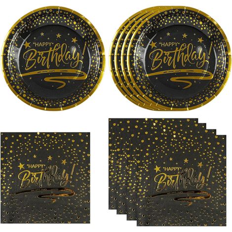 Lot de 50 vaisselle jetable, assiettes en carton 18cm, serviettes papier, design noir et or, pour anniversaire, barbecue, fête enfants