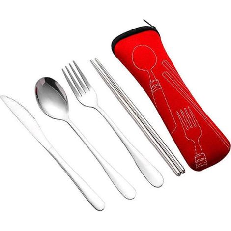 Ensemble de couverts 4 pièces en acier inoxydable portable, comprenant une cuillère, une fourchette et un couteau à steak, avec sac (1/5)