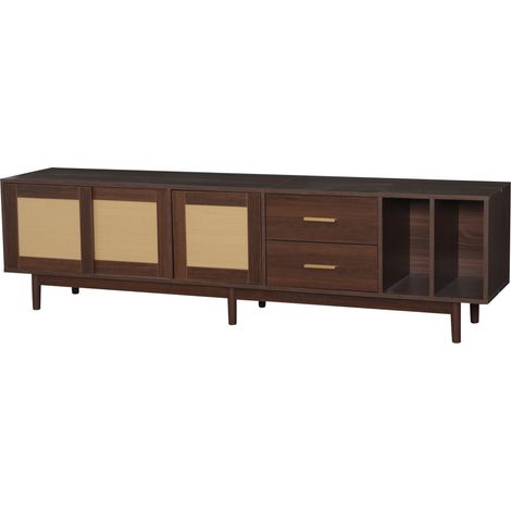 Meuble de rangement 190 x 40 x 52 cm, meuble TV bas avec tiroirs, support TV en MDF aspect rotin brun, design à 6 pieds de support, meuble de rangement multifonction pour salon, téléviseur 75 pouces (1/5)