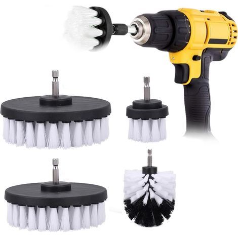 Brosse Nettoyage Rotative Perceuse 4 pièces Nettoyage Voiture Brosse Visseuse, Brosse pour Perceuse Voiture Carrelage Tapis Baignoire Cuisine Toilettes (Blanc) (1/5)