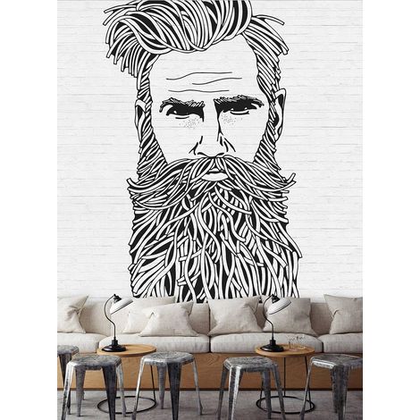 Papier peint panoramique visage homme sur fond brique | Tapisserie panoramique noire & blanche tendance | Papier peint panoramique salon & cuisine - 270 x 400 cm (4 pièces) (1/5)