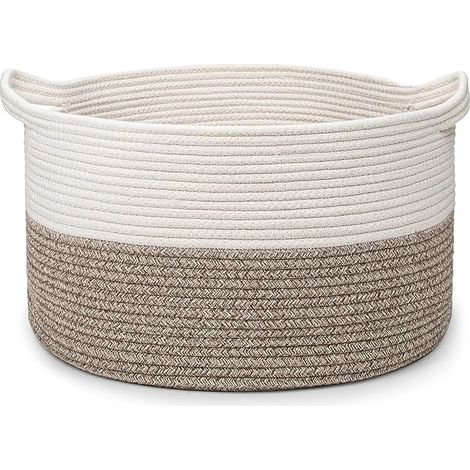Corbeille à Linge Coton Tissé 32L Corbeille Coton Φ40 x H25 CM Paniere Tressé Panier de Rangement Jouets avec 2 Poignée Couvertures Vêtements Blanc+Brun (1/5)