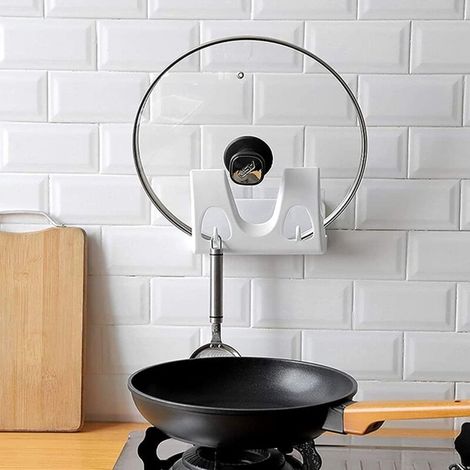 -2 Pièces Support de Couvercle de Casserole, Étagère Mural Multifonction pour Ustensiles de Cuisine, Blanc (1/4)