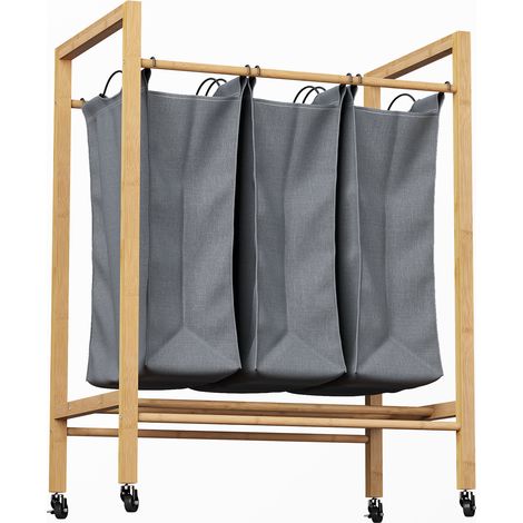 Panier à linge en bambou, 3 compartiments, sac à linge amovible, bac à linge à roulettes, 3 x 30 L, trieur à linge 3 compartiments, mobile, portable (1/5)
