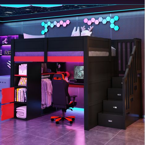 Cama altillo 140x200 cm - Con escritorio - Con almacenajes - Con LED - En MDF y contrachapado - Negro y rojo (1/5)