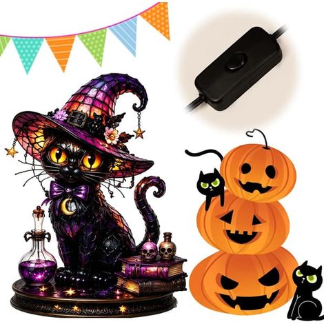 Lampe gothique d'Halloween avec chapeau de sorcière, lampe de table décorative style vintage, veilleuse LED pour chambre, étagère et table Magic Cat (1/5)