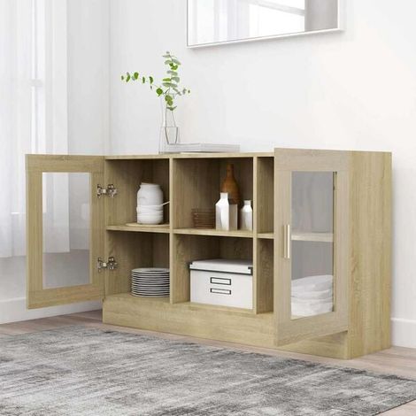 Vitrine d'Exposition en Bois Ingénierie Couleur Chêne, Meuble de Rangement avec Porte Vitrée, 120 x 30,5 x 70 cm, Étagère Décorative pour Salon, Bureau ou Commerce (1/5)