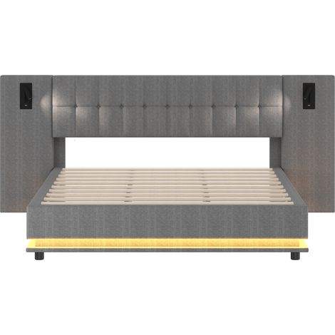 Lit 180x200 lin gris LED USB tête de lit avec spots sans matelas (1/5)