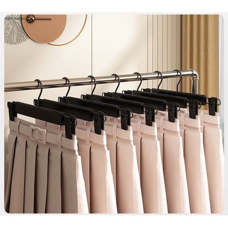 Lot de 10 cintres à pantalons avec pinces, cintres gain de place avec deux supports antidérapants pour pantalons et jupes, porte vêtements pratique pour organiser et suspendre pantalons et jupes, noir (1/4)