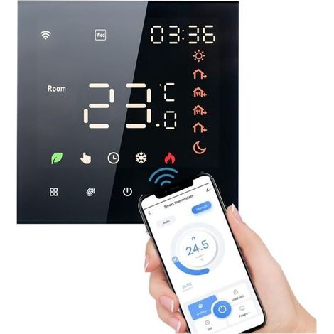3A,Noir Thermostat Connecté WiFi Chauffage électrique Thermostats d'Ambiance Programmable Régulateur de Température Mural avec LCD Numérique Compatible Tuya (1/3)
