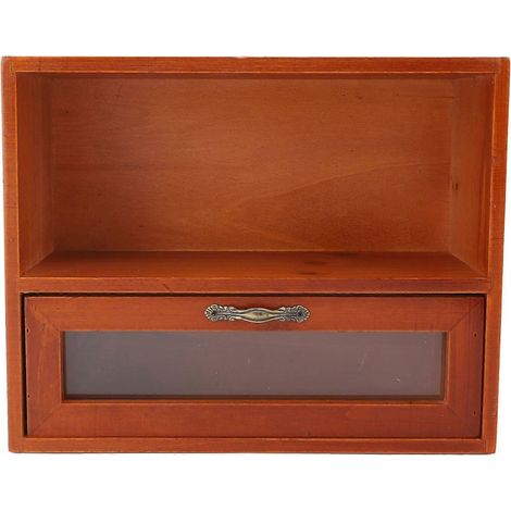 Vintage Tischorganizer aus Massivholz, Schreibtisch-Vitrinenschrank, Aufbewahrungsbox mit transparenter Schublade für die Küche
