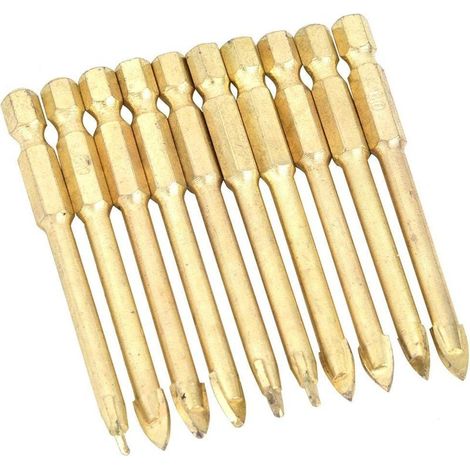 Lot 10 forets carbure tungstène – tête hex 8mm – carrelage / béton / brique / verre / plastique / bois (1/5)