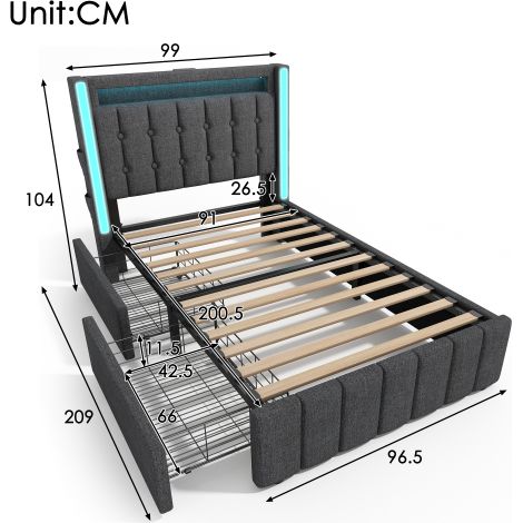 Lit rembourré avec port de charge USB-C, éclairage LED et 2 tiroirs — lit simple avec rangement 90 x 200 cm avec sommier à lattes en bois, gris (matelas inclus) (1/4)