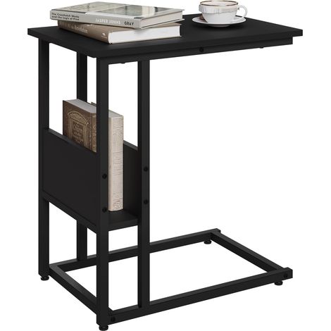 WOLTU Mesa Auxiliar Mesa de Centro Mesita de Noche Mesa Portátil Marco de Metal Tablero de Madera Mesas Nido Metal y Madera Negro 55x36x59.5cm(BxTxH) (1/5)
