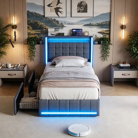 JOOKGBD-Lit simple 90x200cm avec éclairage LED RGB,tête de lit capitonnée avec ports USB/Type-C,2 tiroirs de rangement coulissants,tissu lin,pour adolescent et adulte,gris foncé (1/5)