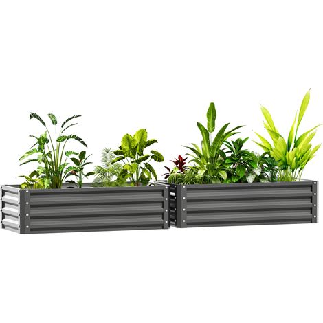 Outsunny Outdoor Planter Box, Steel Raised Garden Bed, Set of 2 Light Grey