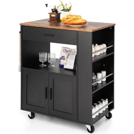Goplus – Desserte de cuisine à roulettes en bois – Grand espace de rangement avec tiroir et placard – 3 étagères ouvertes – Dimensions 75 x 46 x 92 cm – Noir (1/5)