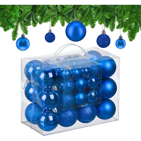 Relaxdays Bolas Árbol Navidad, Set de 50 Unidades, Plástico, Brillantes y Mates, Decoración Navideña, Adornos, Azul
