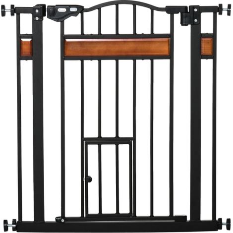 Black Pet Safety Gate with Cat Flap, Auto Close Feature, Fits Staircases and Doorways, 74-80cm Wide (1/5)