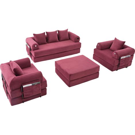 GagaCanapé modulable 4 places bordeaux en velours côtelé avec pouf (1/5)