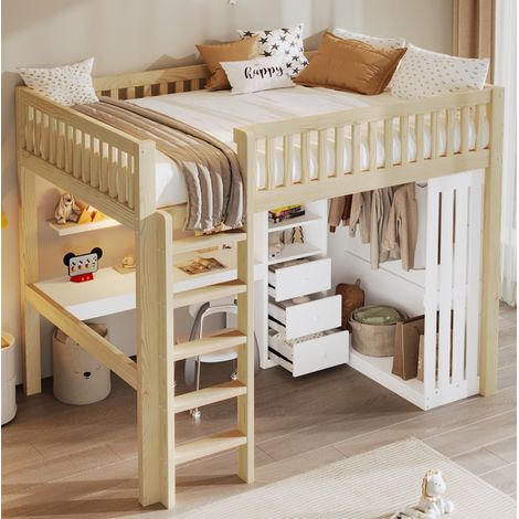 Cama Alta 140x200 Cm Estructura Pino Y Mdf Natural (1/5)