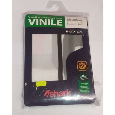 SHARK - TENDA DA DOCCIA COMPLETA DI GANCI IN VINILE LINEA BOVISA 180x200h cm - COLORE BIANCO CON SCRITTE NERE/ROSSE