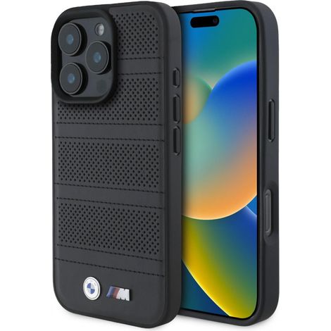 Coque rigide BMW BMHMP16L23PUSPK pour iPhone 16 Pro 6,3 pouces, noire, perforée et cousue, compatible MagSafe.