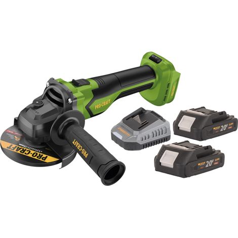 Amoladora angular a batería Procraft PGA22-BB 20 V 125 mm sin escobillas + 2 baterías de 2,0 Ah + cargador