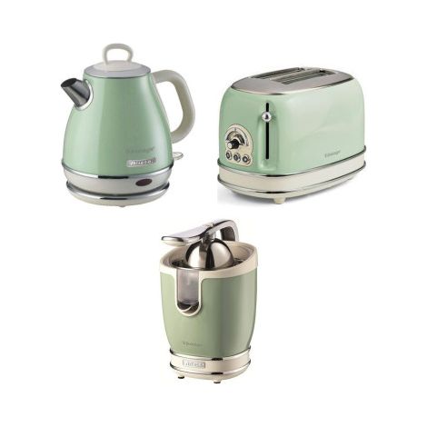 Pack bouilloire électrique 1L sans fil – 1630W – Grille-pain vintage vert 810W – Presse-agrumes 85W en métal inox – Ariete