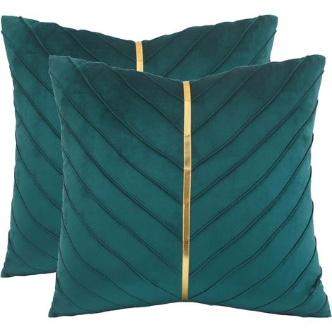 Lot de 4 Housses de Coussin en Velours Plissé Bleu Paon, Décoration Moderne avec Motif en Or, 45x45cm pour Salon et Chambre