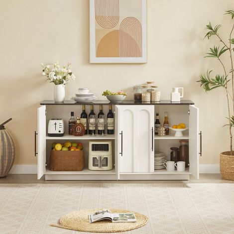 Buffet bas de rangement, meuble de salon et salle à manger avec 4 portes et plateau effet marbre, en MDF de style moderne 160cm, Blanc et noir (1/5)