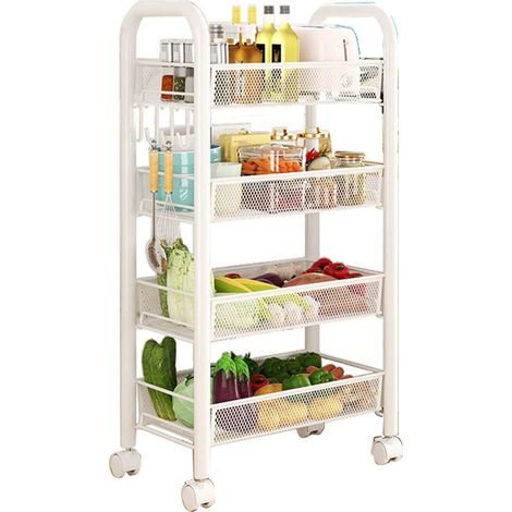 Chariot de rangement roulant à quatre niveaux, étagères superposées multifonctions, paniers mobiles pour snacks et légumes, étagère de cuisine blanche (1/5)