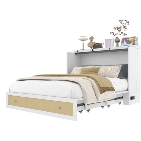 Lit armoire 140 x 200 avec tiroir, étagère de chevet, prise USB et secteur, convertible en meuble gain de place, blanc - CHICFURN (1/5)