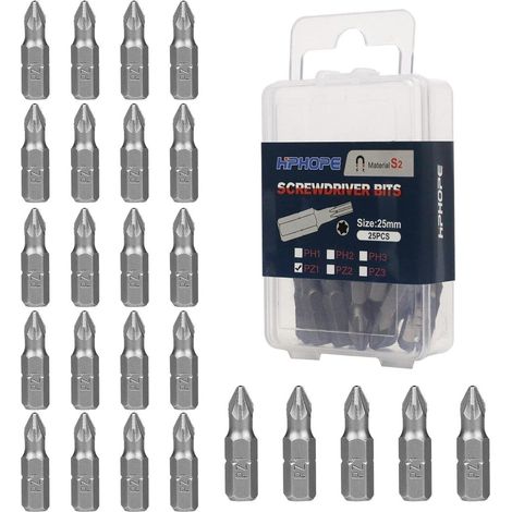 Jeu de 25 embouts PZ1 25mm pour visseuse et perceuse, acier chrome-vanadium (1/4)