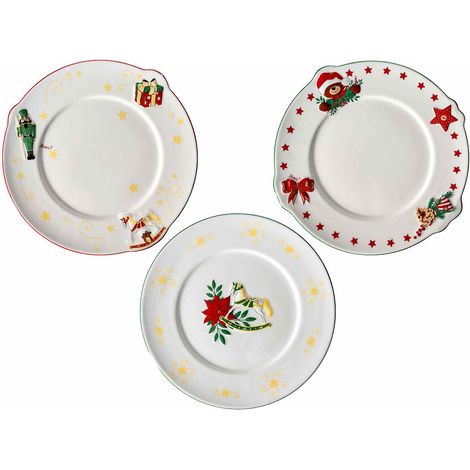 Piatti di Natale in ceramica per alimenti con decori in rilievo, con orsetti, stelle di Natale e schiaccianoci, set da 3 pezzi, Ø 26 cm