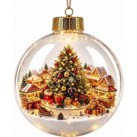 Boule à neige lumineuse en acrylique transparent, ornement de Noël 3D à suspendre au sapin, représentant le Père Noël et son traîneau de rennes. (1/5)